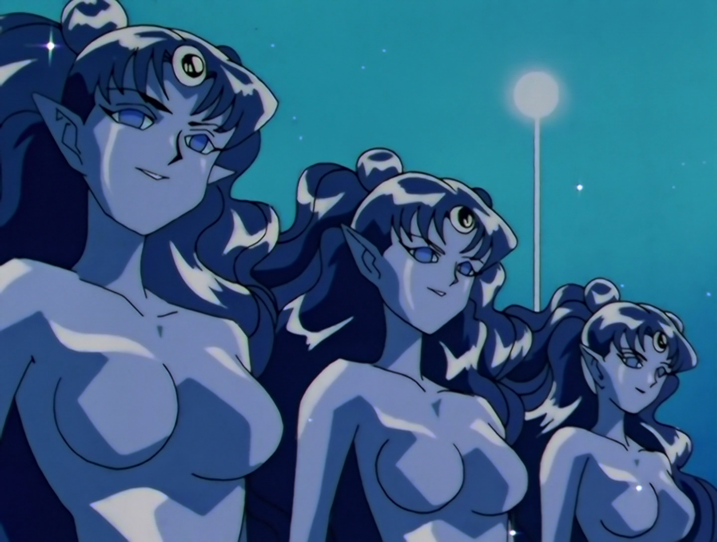 The Mirror Paredri from Sailor Moon episode 167. They’re identical animated glass statues of Queen Nehelenia. A naked Nehelenia, admittedly.